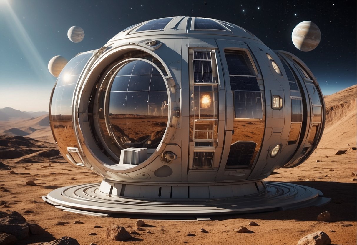 Space Habitats: A cylindrical space habitat with solar panels, docking ports, and windows, surrounded by stars and distant planets