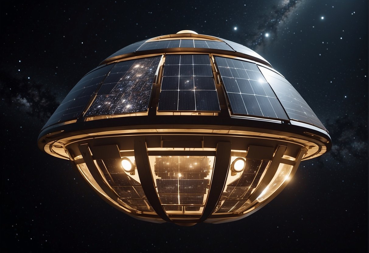 A space habitat floats in the darkness, surrounded by stars. Solar panels glint in the sunlight, providing power for the bustling activity inside