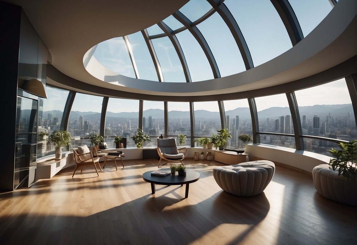 A spacious, interconnected habitat with curved walls and large windows, featuring efficient use of space and ergonomic design for living and working in space