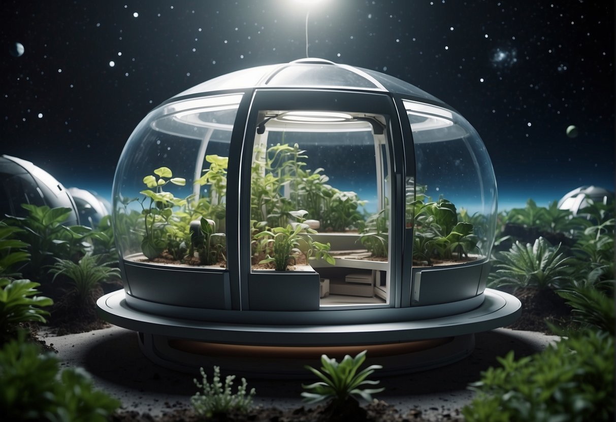 A space habitat floats in the vastness of space, surrounded by stars and planets. Inside, plants grow in hydroponic gardens, and astronauts conduct experiments in zero gravity