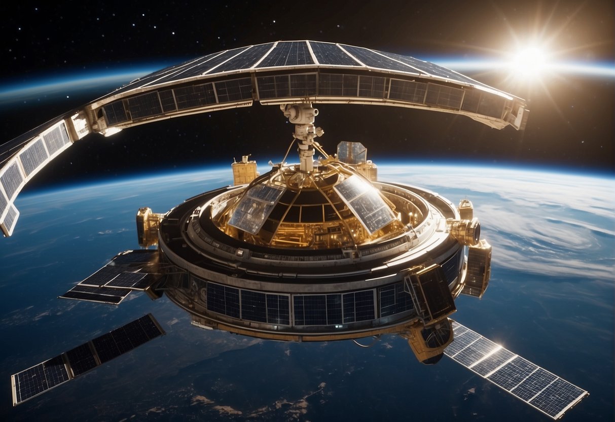 A space habitat orbits Earth, with solar panels providing energy. A space agency and private company collaborate on research and development