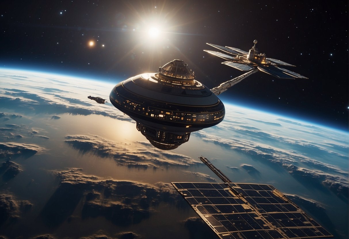 A spacecraft hovers above a distant planet, its advanced technology scanning the surface for signs of life. Ethical and cultural symbols adorn the vessel, reflecting the complex considerations of space exploration