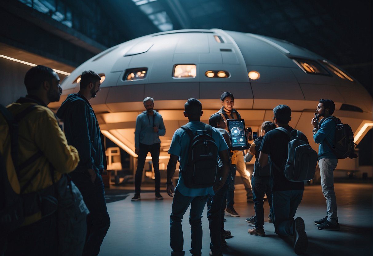 The Next Generation of Space Explorers: A group of young space enthusiasts gather around a futuristic spacecraft, eagerly preparing for their journey into the cosmos. Excitement fills the air as they check their equipment and gaze up at the stars