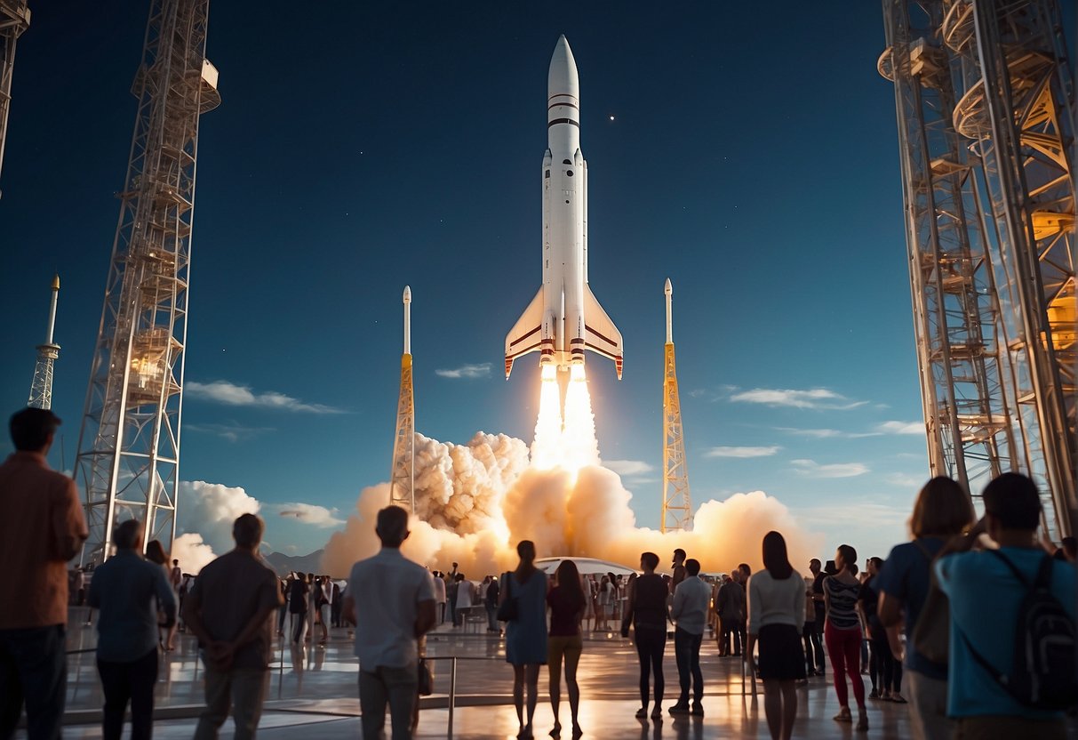 A rocket launches from a futuristic spaceport, with a diverse group of tourists eagerly awaiting their journey into space. The private space firm's logo is prominently displayed on the spacecraft