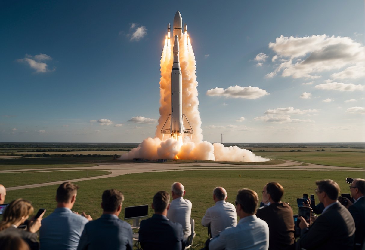 A rocket launches from a UK spaceport, surrounded by a team of engineers and scientists. Satellites orbit above, showcasing the nation's contribution to the new space race