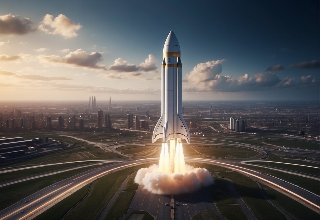 A rocket launches from a UK spaceport, surrounded by a futuristic city skyline and advanced infrastructure