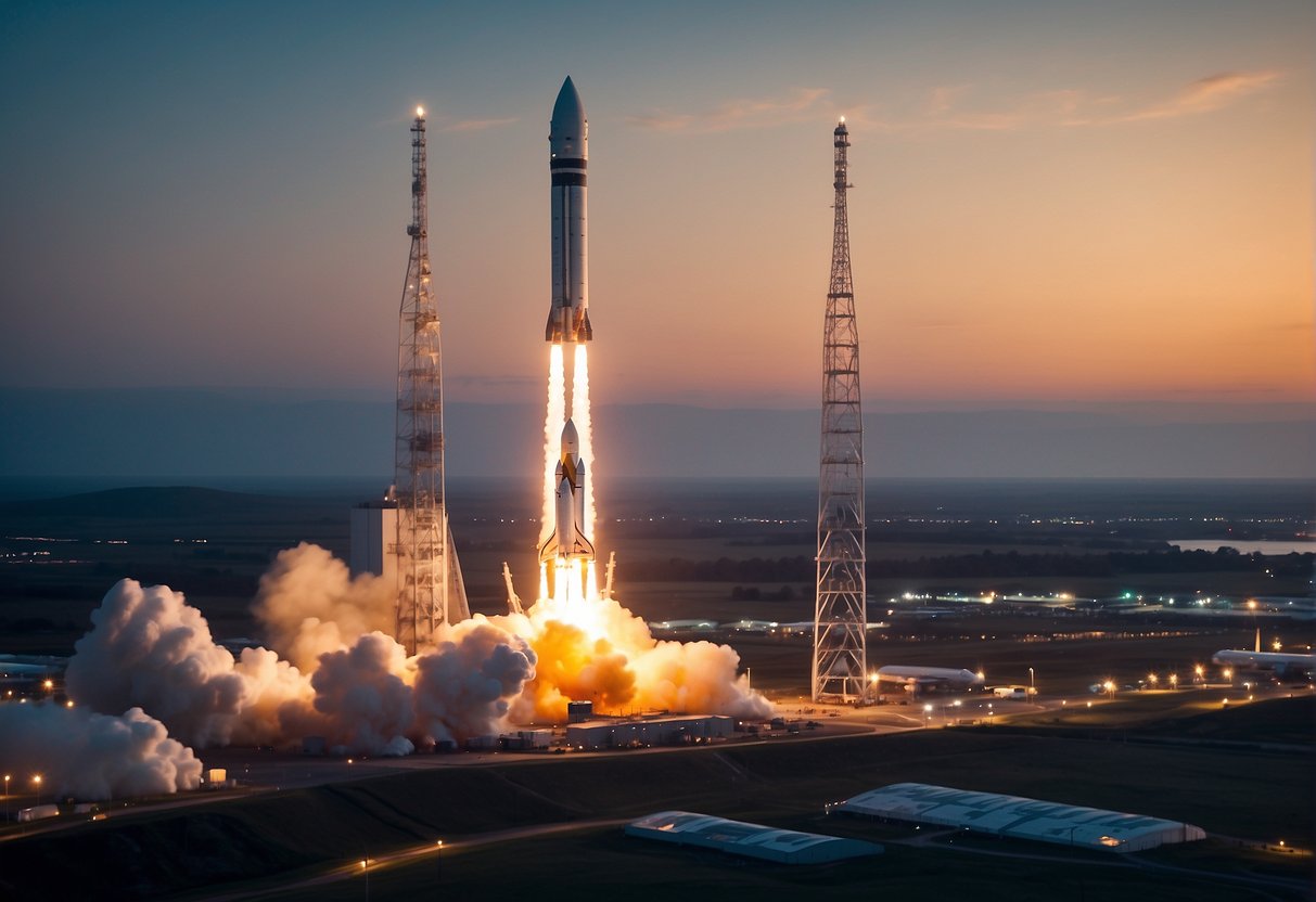 A rocket launches from a UK spaceport, surrounded by futuristic technology and bustling activity, symbolizing the country's role in the new space race