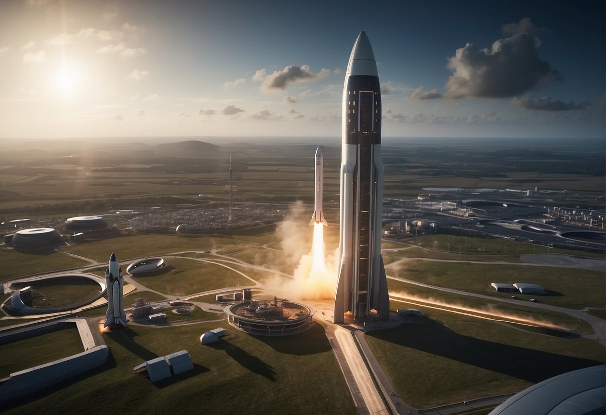 A rocket launches from a UK spaceport, surrounded by futuristic buildings and satellite dishes, symbolizing the country's involvement in the new space race