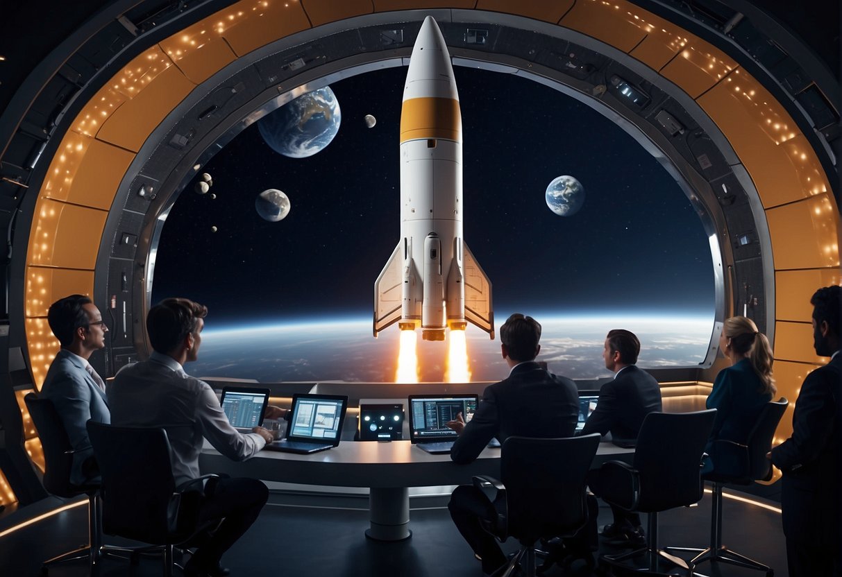 Global partnerships and competitors gather around a futuristic space launch facility in the UK, with rockets and spacecraft being prepared for the new space race