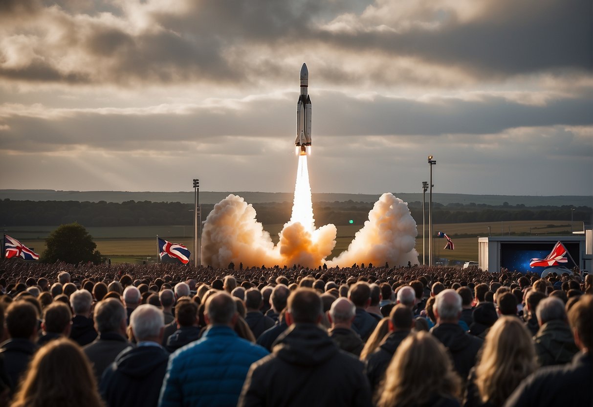 A rocket launching from a UK spaceport, surrounded by a crowd of onlookers and media, with the Union Jack flag flying in the background