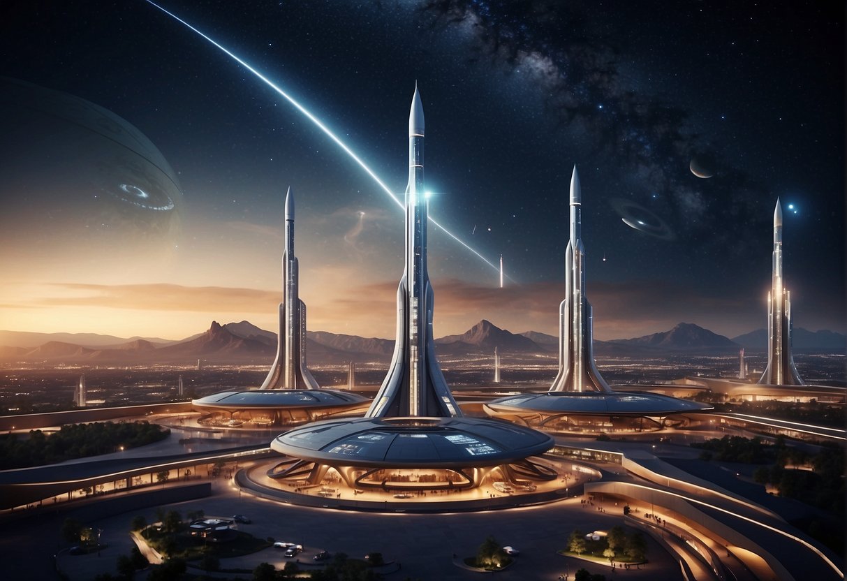A bustling British spaceport, with rockets launching into the starry sky, surrounded by futuristic buildings and advanced technology