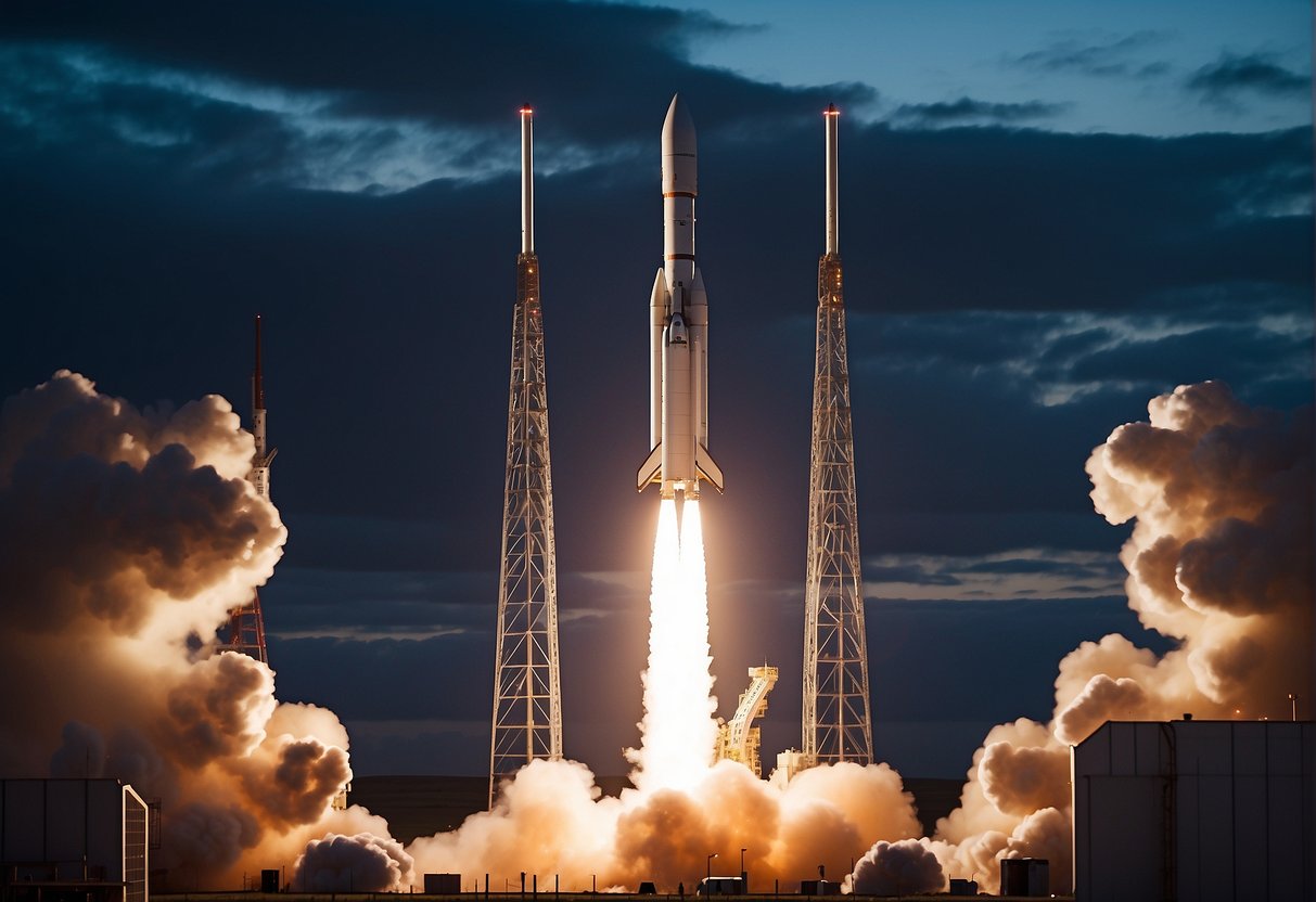 A rocket launches from a British spaceport, surrounded by cutting-edge technology and futuristic infrastructure. The scene is a symbol of the country's renaissance in space exploration
