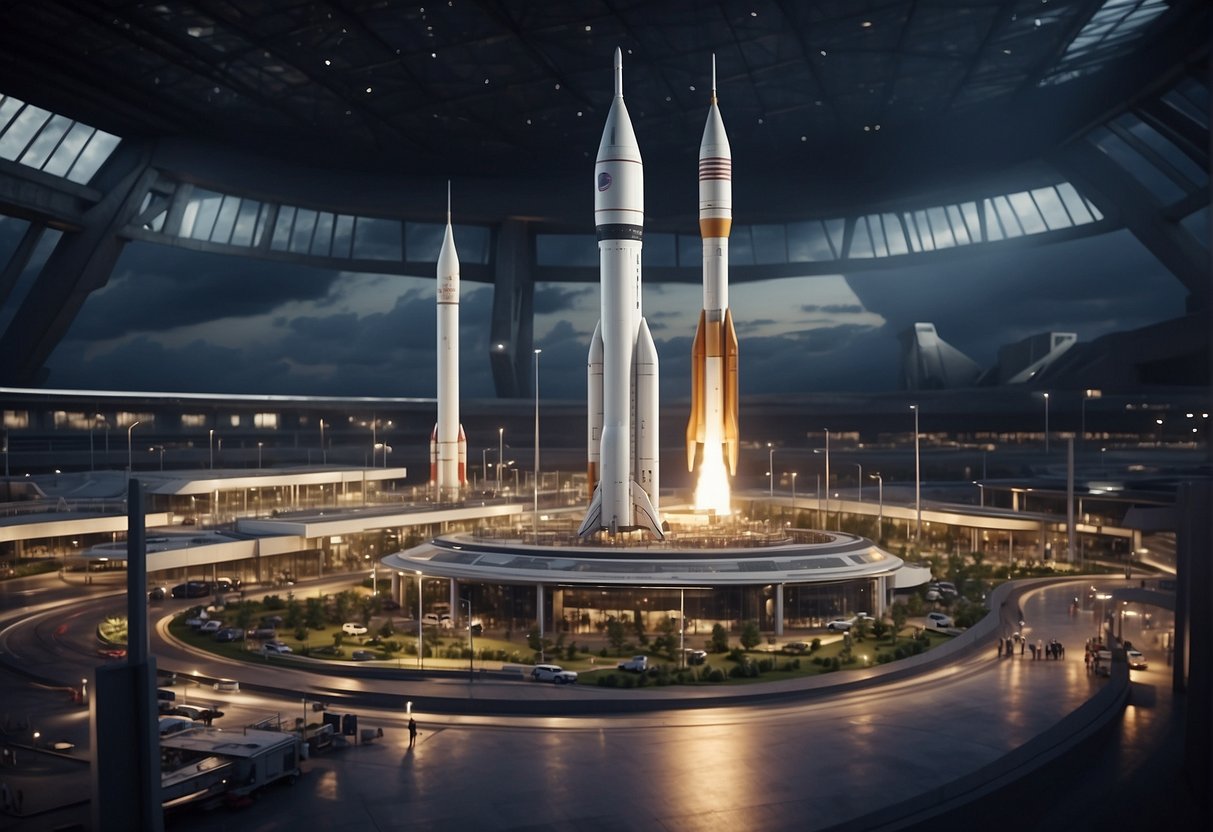 A bustling British spaceport with rockets launching, workers constructing facilities, and businesses thriving, symbolizing economic growth and job creation in the space industry