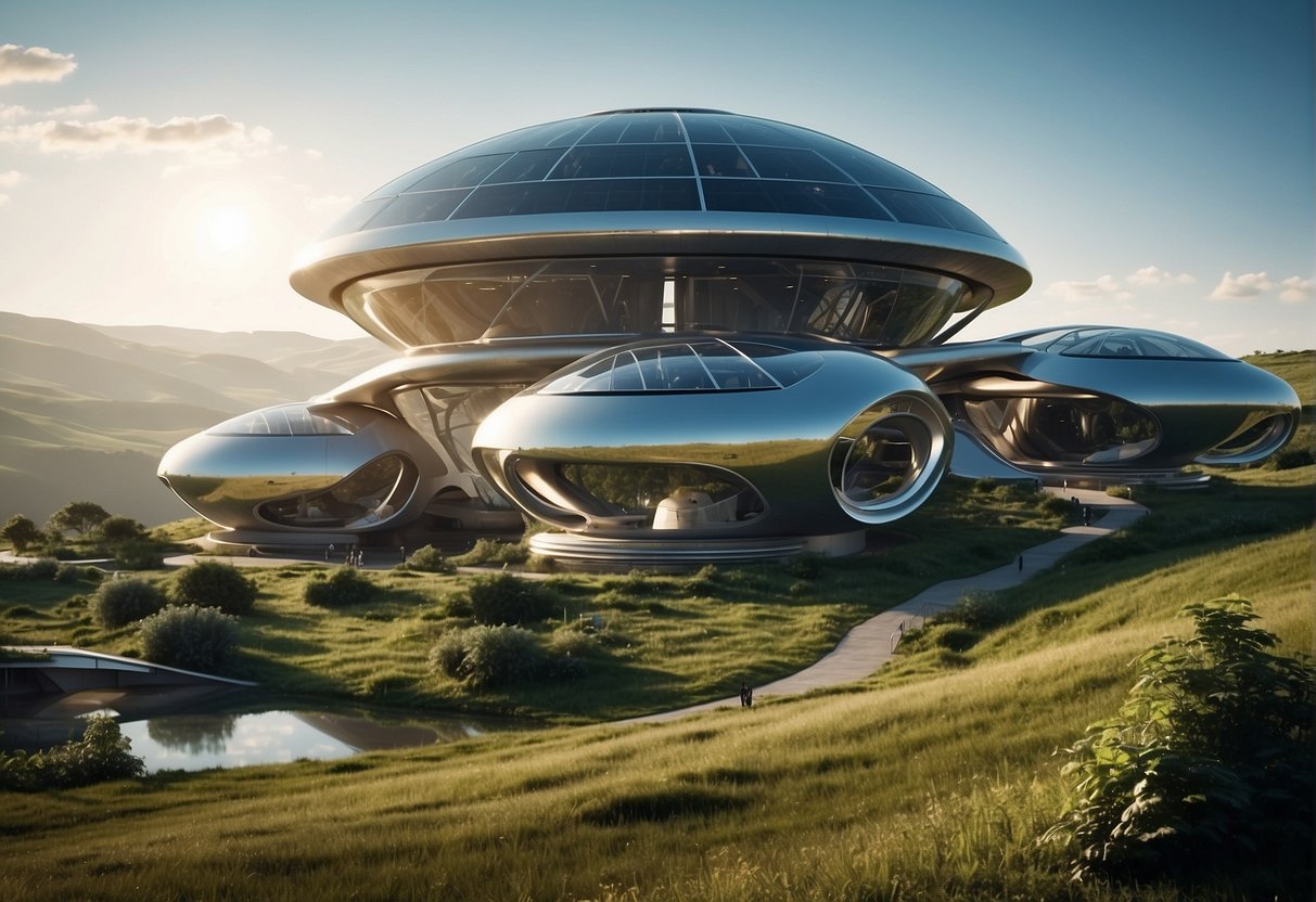 A futuristic spaceport nestled among rolling green hills, with sleek, eco-friendly structures and solar panels, surrounded by protected wildlife habitats