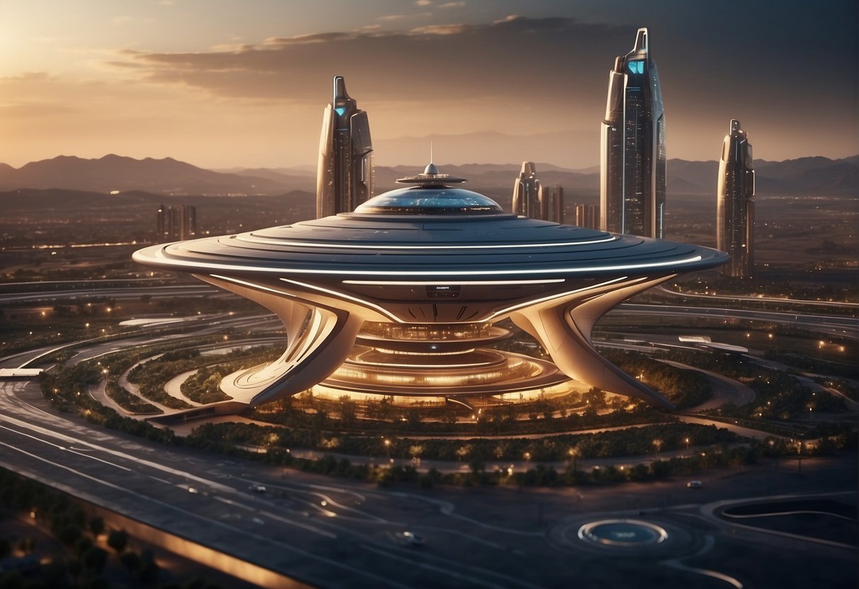 A bustling spaceport with spacecraft launching and landing, surrounded by futuristic buildings and advanced technology. A sense of excitement and possibility fills the air