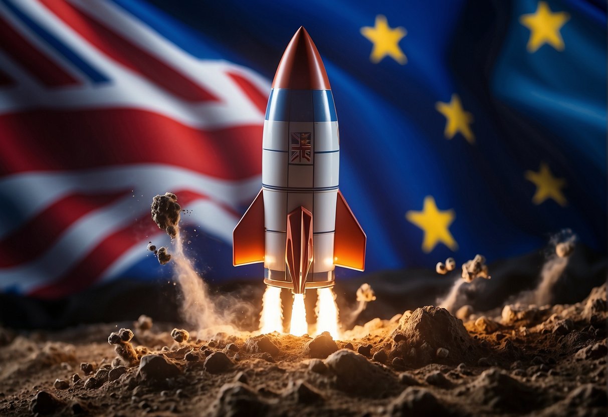 A rocket launching from UK soil, with European and UK flags in the background, symbolizing the economic implications of Brexit on the space sector