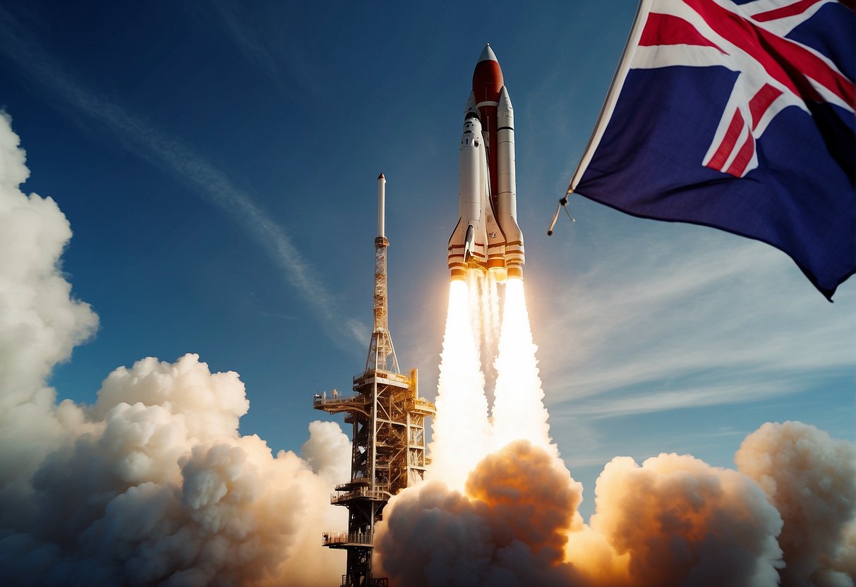 A rocket launching into space with UK and EU flags, surrounded by new market symbols and opportunities