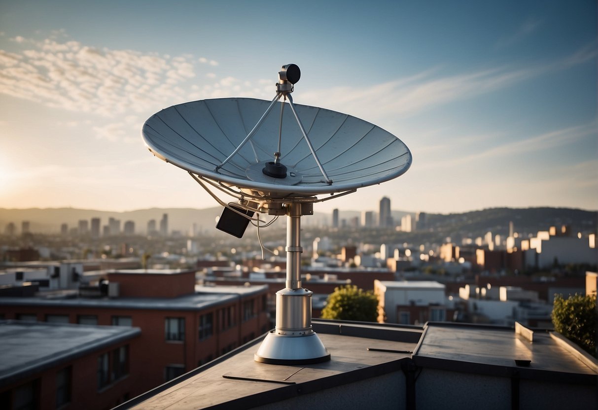 Satellite dish on a rooftop, surrounded by urban landscape. Signals transmitting to and from the satellite, connecting to various electronic devices