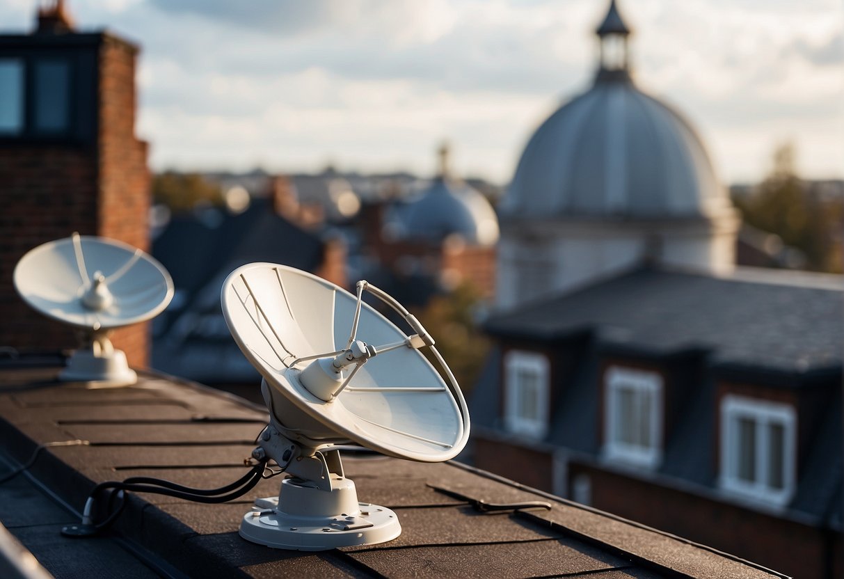 Satellite dishes on rooftops, transmitting signals to modern homes and businesses in British cities