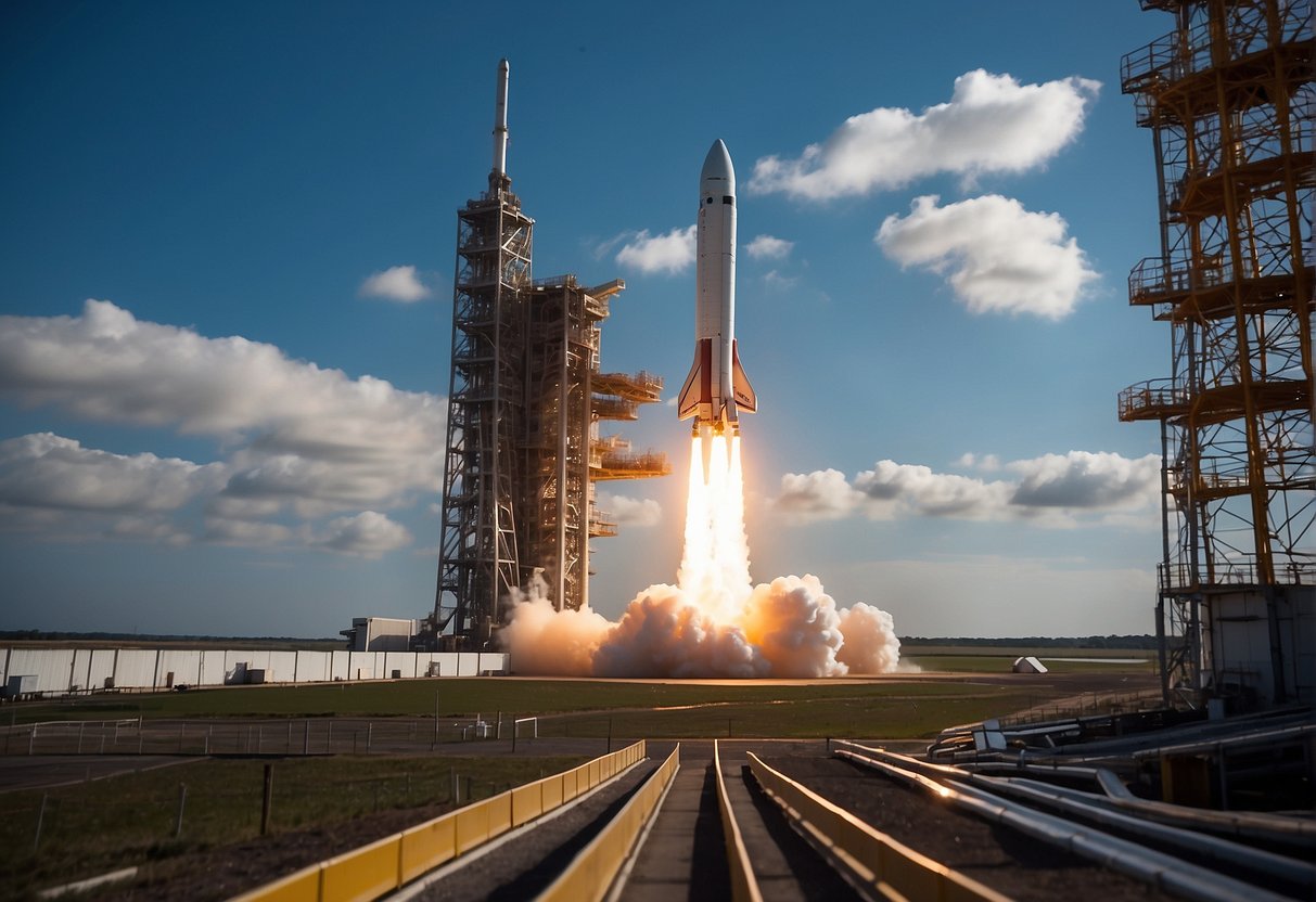 A rocket launches from a spaceport, surrounded by solar panels and recycling facilities, with a focus on sustainable practices and UK innovations in space technology