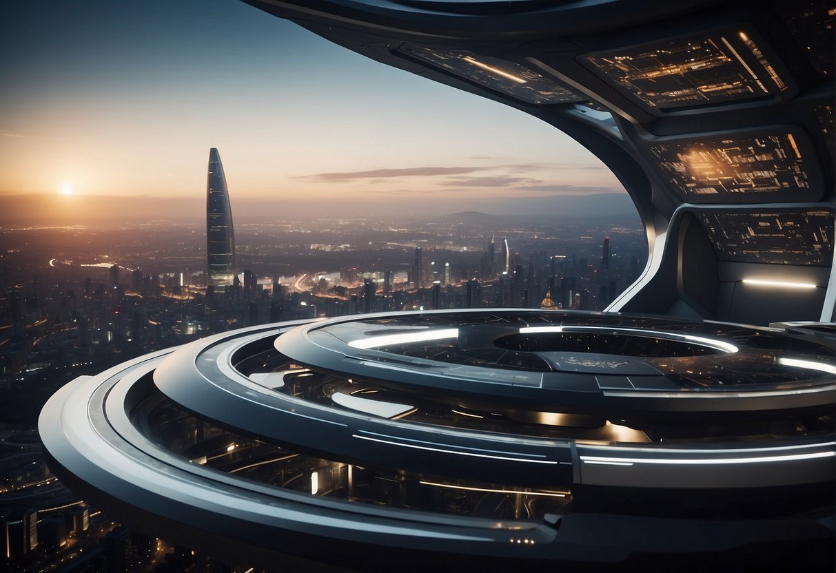 Cutting-edge UK space innovations in a futuristic setting, with sustainable technology and a sense of progress and advancement