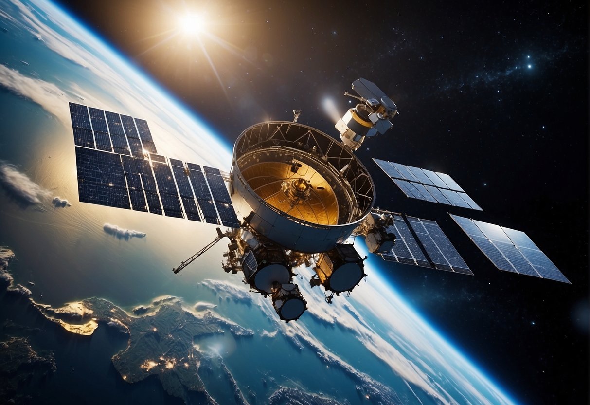 A satellite orbits Earth, beaming data to a network of ground stations. Advanced technology enables precise tracking and communication, supporting various applications in space exploration
