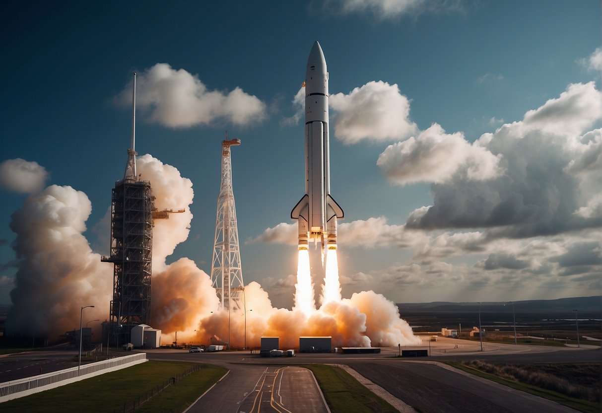A rocket launches from a British spaceport, surrounded by scientists and engineers working on cutting-edge technology. The vastness of space looms in the background, hinting at the limitless possibilities of space exploration