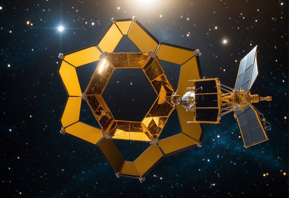 The James Webb Space Telescope orbiting in space, with its massive golden mirror reflecting the distant stars and galaxies