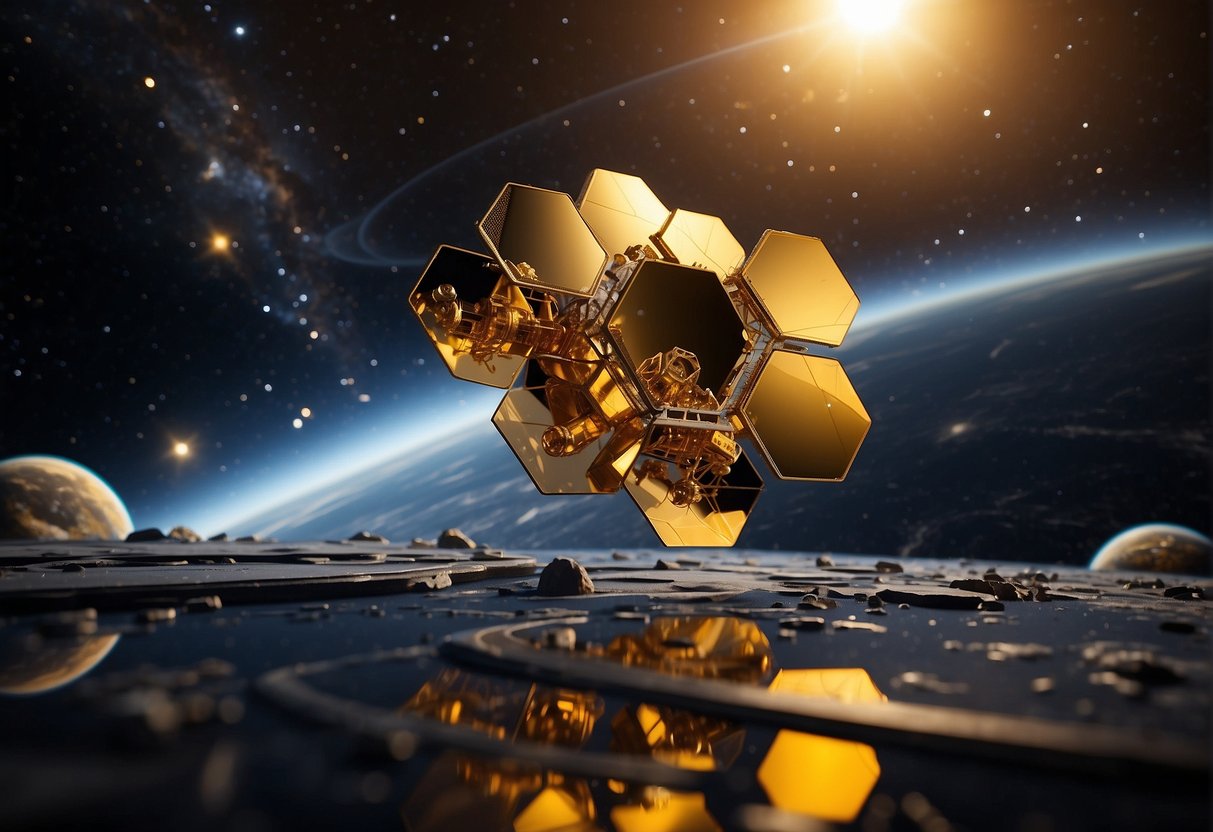 The James Webb Space Telescope orbits in deep space, its golden mirrors reflecting the distant stars and galaxies, ready to uncover new cosmic secrets