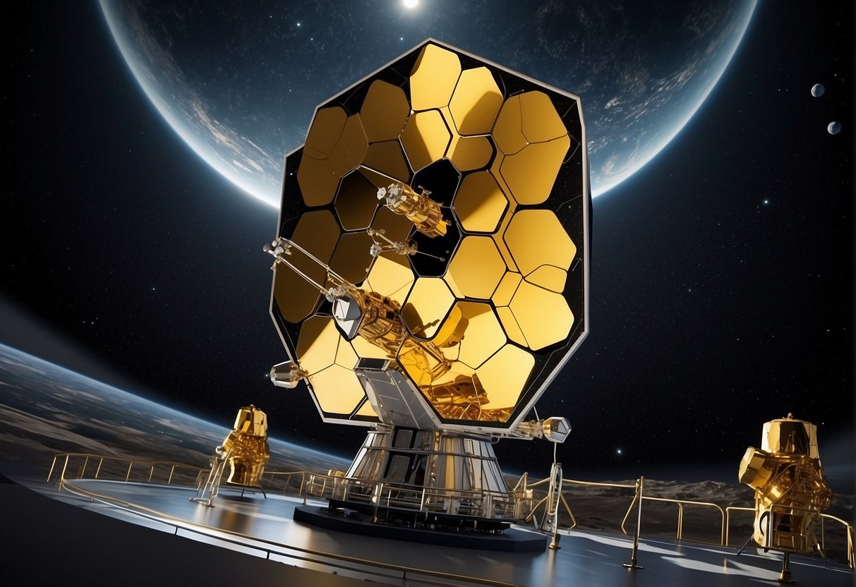 The James Webb Space Telescope orbits in the vastness of space, its golden mirrors reflecting the light of distant stars and galaxies, as it searches for the wonders of the universe