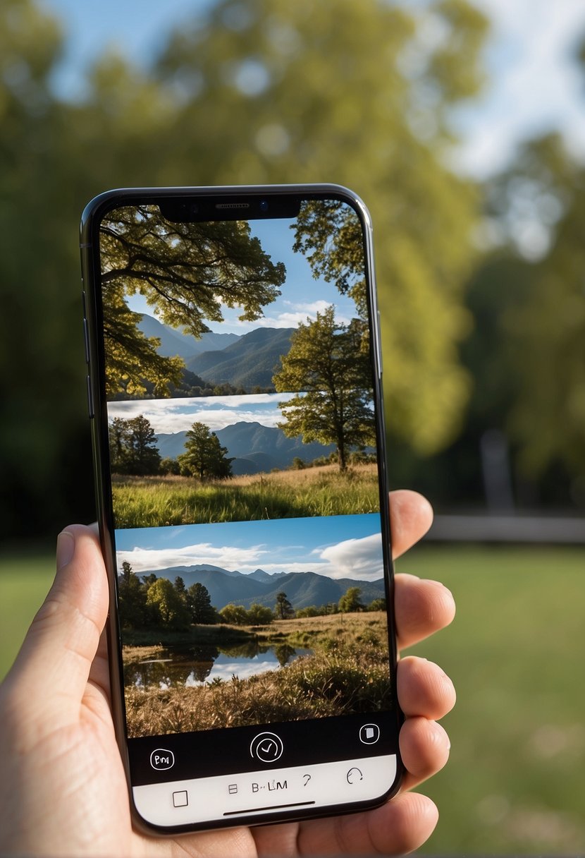 A smartphone held in landscape mode, with the camera app open and a picturesque outdoor scene in the background. The phone is positioned to capture the rule of thirds, with natural lighting enhancing the composition