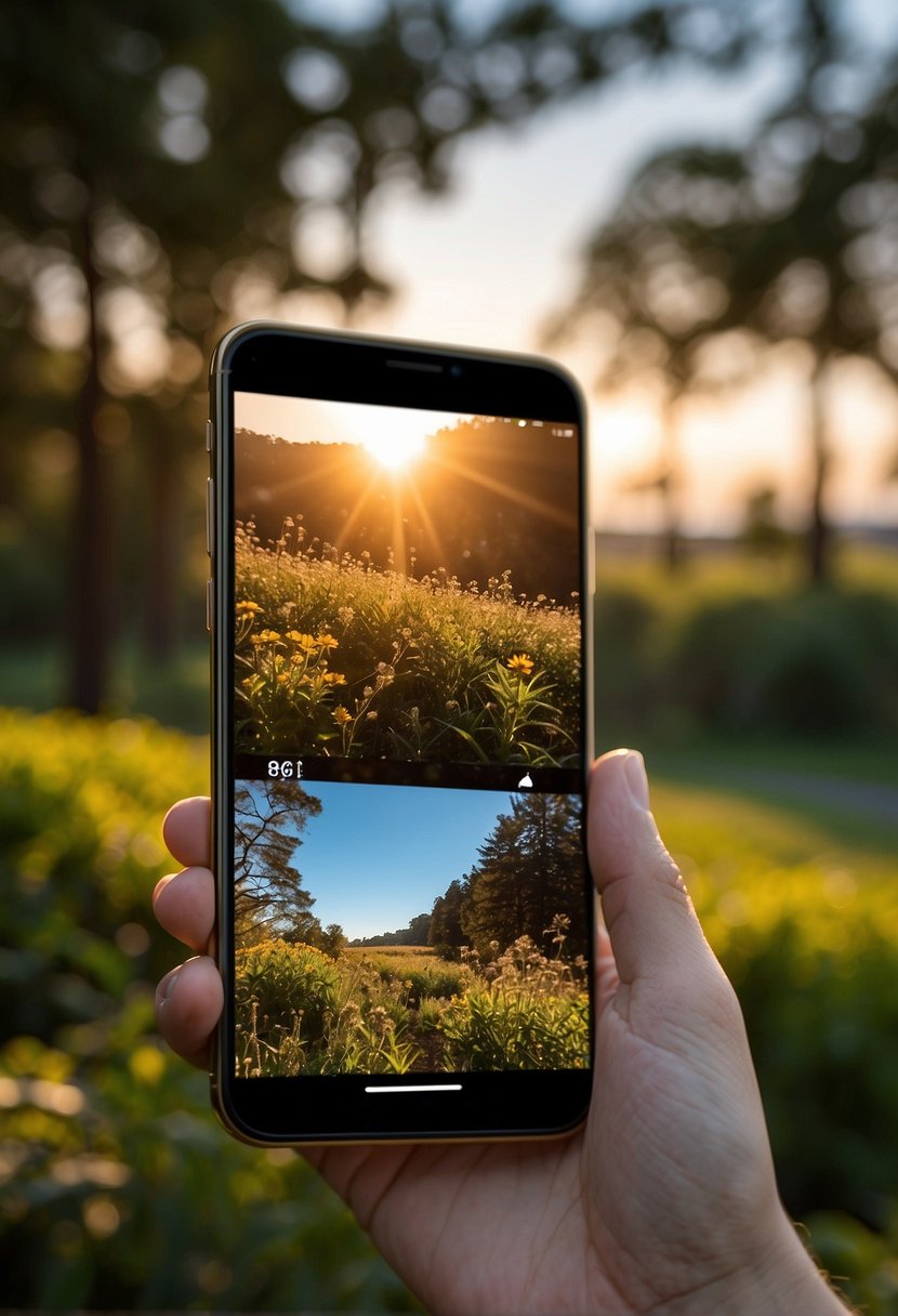 A smartphone held steady, capturing a vibrant landscape with clear focus and balanced composition. The sun casts a warm glow, creating depth and contrast