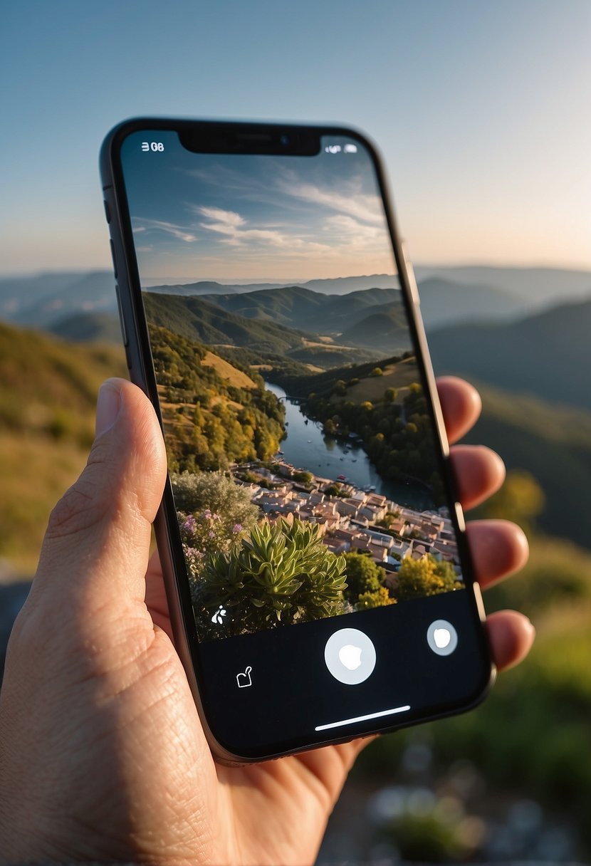 A mobile phone held in landscape mode, capturing a scenic view with balanced composition and framing. The phone is positioned at eye level with the subject in focus