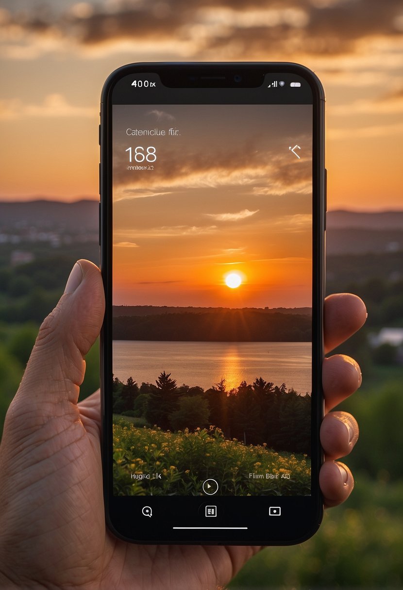 A smartphone held up to a stunning sunset, with the camera app open and the user adjusting the exposure and focus settings