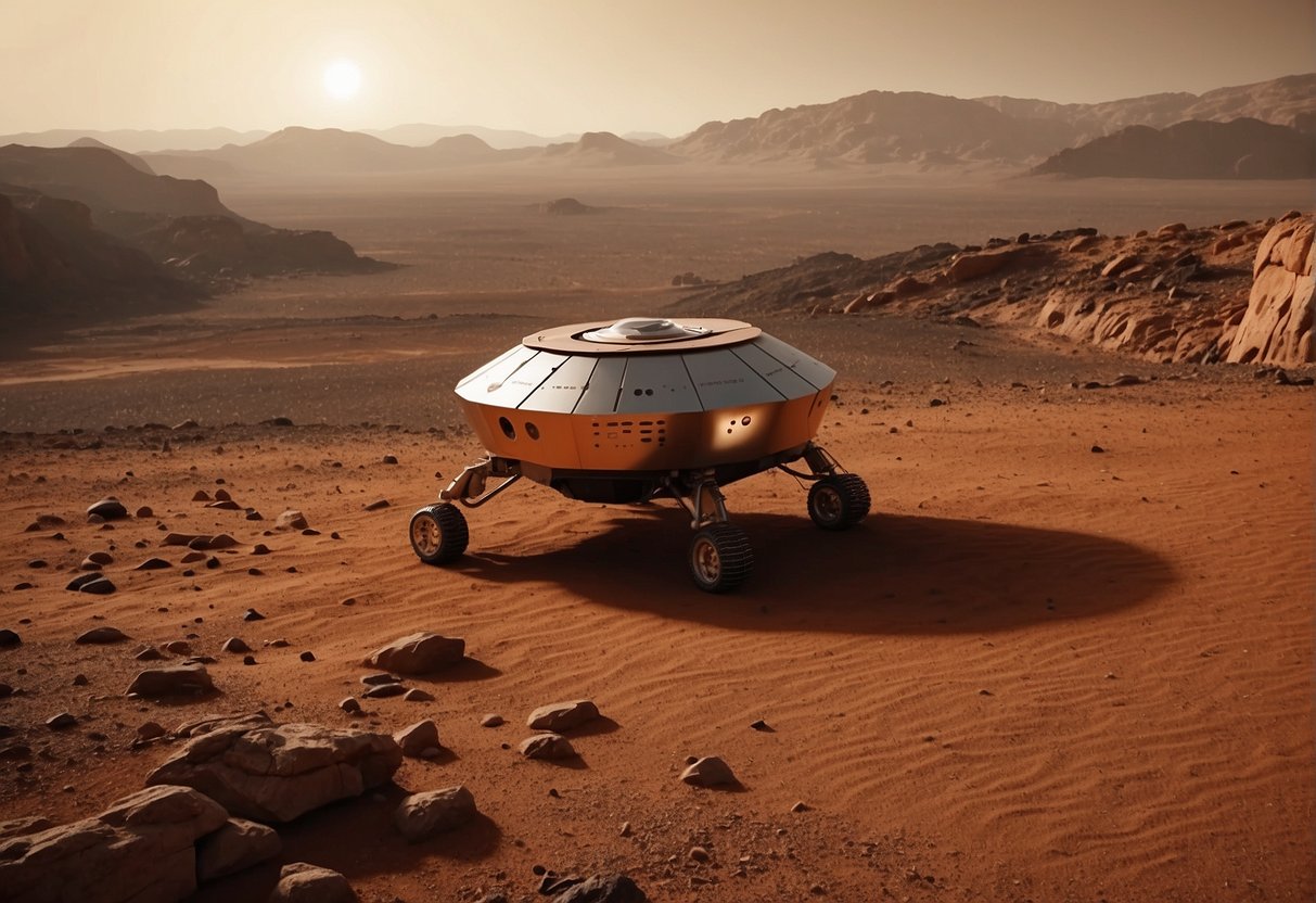 A spacecraft lands on the red surface of Mars, surrounded by rocky terrain and a dusty atmosphere. The Martian landscape stretches out into the distance, with the sun casting a warm glow over the scene