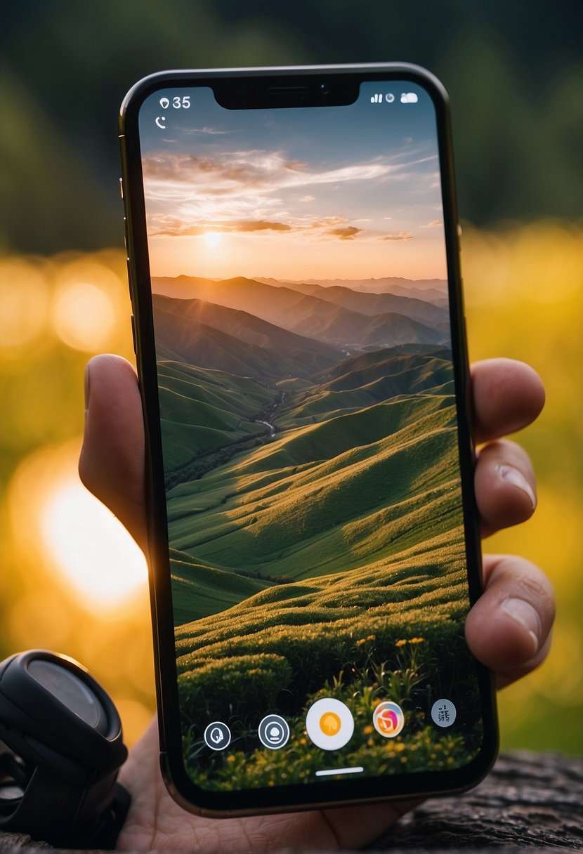 A smartphone with advanced camera features capturing a vibrant landscape in 2024