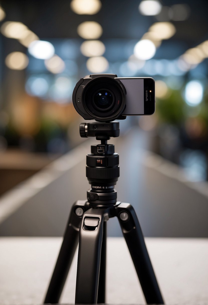 A smartphone held steady on a tripod, with the camera lens clean and focused. The background is well-lit and clutter-free, with the subject positioned off-center for a balanced composition