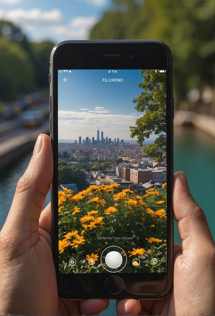 A smartphone with a high-tech camera lens capturing vibrant, detailed images of city landscapes and nature scenes. The lens technology is showcased through the crisp and clear photos taken with the mobile device