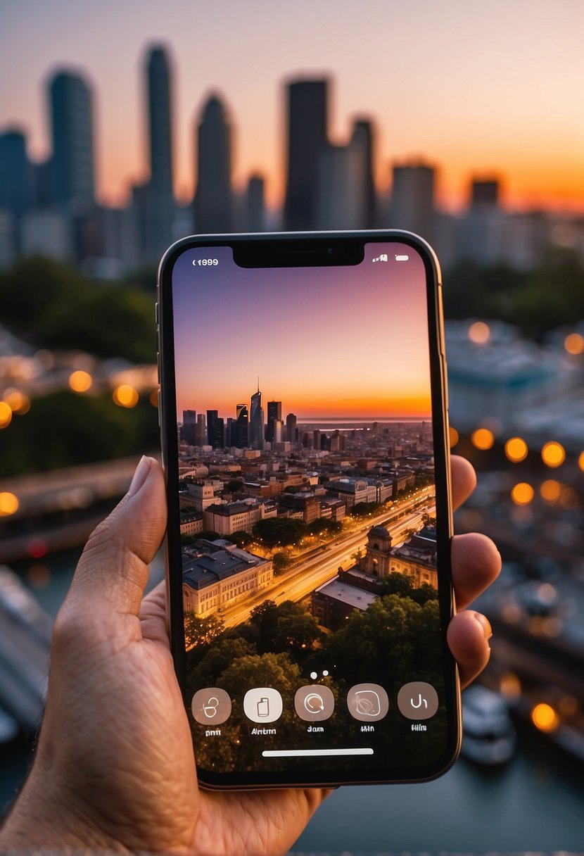 A smartphone held horizontally, capturing a vibrant cityscape at golden hour. The camera app interface is visible, showing manual settings being adjusted