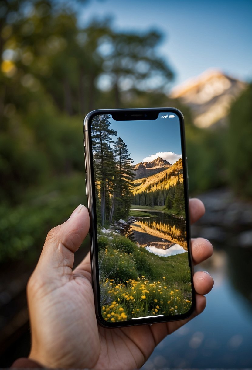 A smartphone held steady in landscape mode, capturing a vibrant, detailed landscape with clear focus and sharp resolution. The image quality showcases the advanced capabilities of mobile photography in 2024
