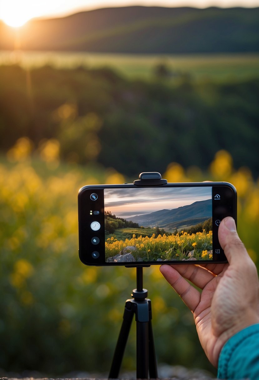 A smartphone held steady, capturing a detailed landscape with vibrant colors. A tripod stabilizes the device, while the photographer uses advanced settings for optimal composition and exposure