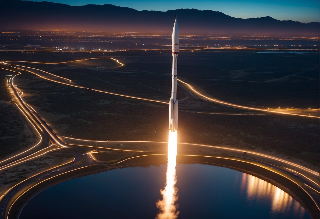 A rocket launches from a futuristic spaceport, with Earth in the background. Tourists watch from a viewing platform as the spacecraft embarks on its journey into space
