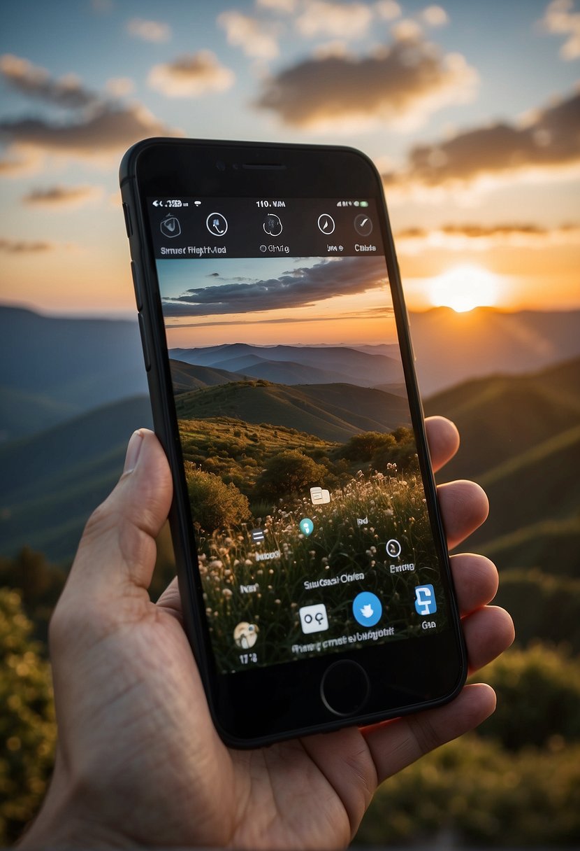 A smartphone held up, capturing a scenic landscape. Social media icons and photography tips displayed on the screen