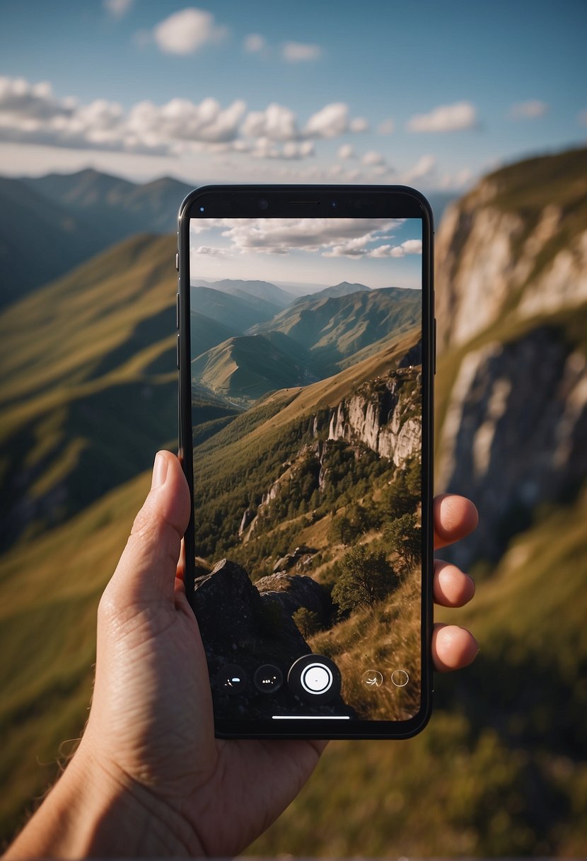 A phone held steady on a tripod, set against a picturesque landscape with soft natural lighting. The camera app open and ready to capture a stunning image