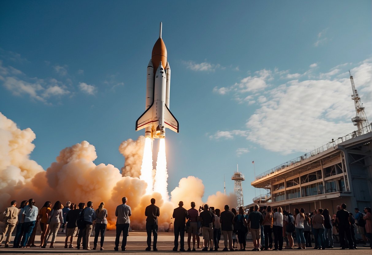 A rocket launches into space, with a futuristic spaceport in the background. A line of eager tourists waits to board the spacecraft, while a team of engineers and astronauts prepare for the journey