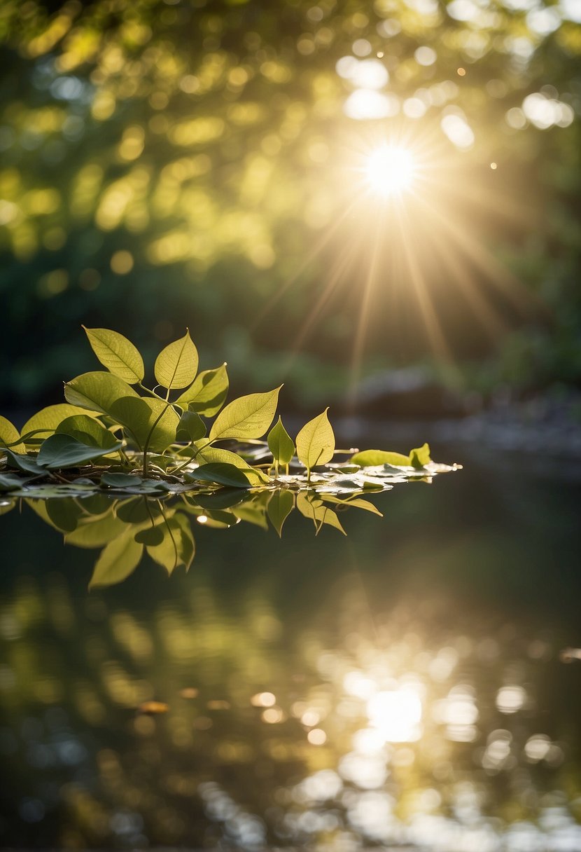 Soft golden light filters through leaves, casting dappled patterns on a tranquil pond. A mobile phone hovers above, capturing the serene scene