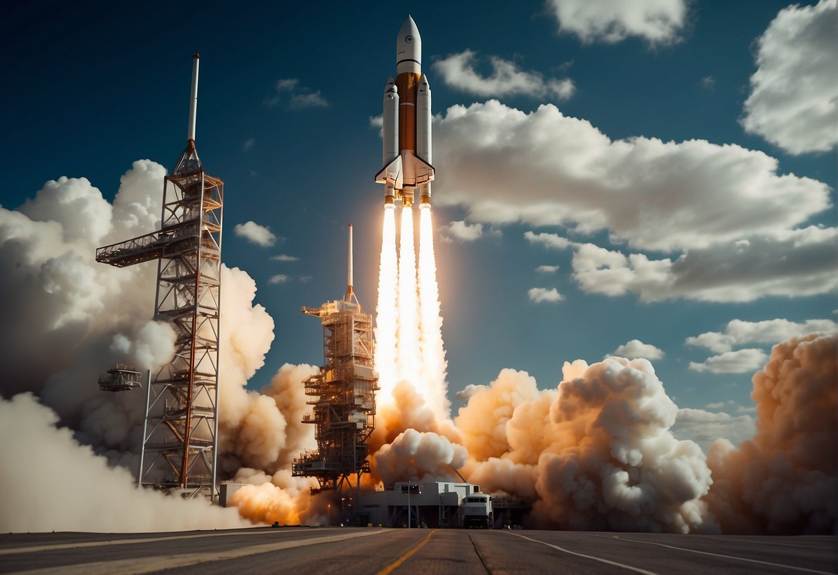 A rocket launches into space, surrounded by a bustling spaceport. Tourists and scientists work together, symbolizing the rise of space tourism and its impact on the global economy
