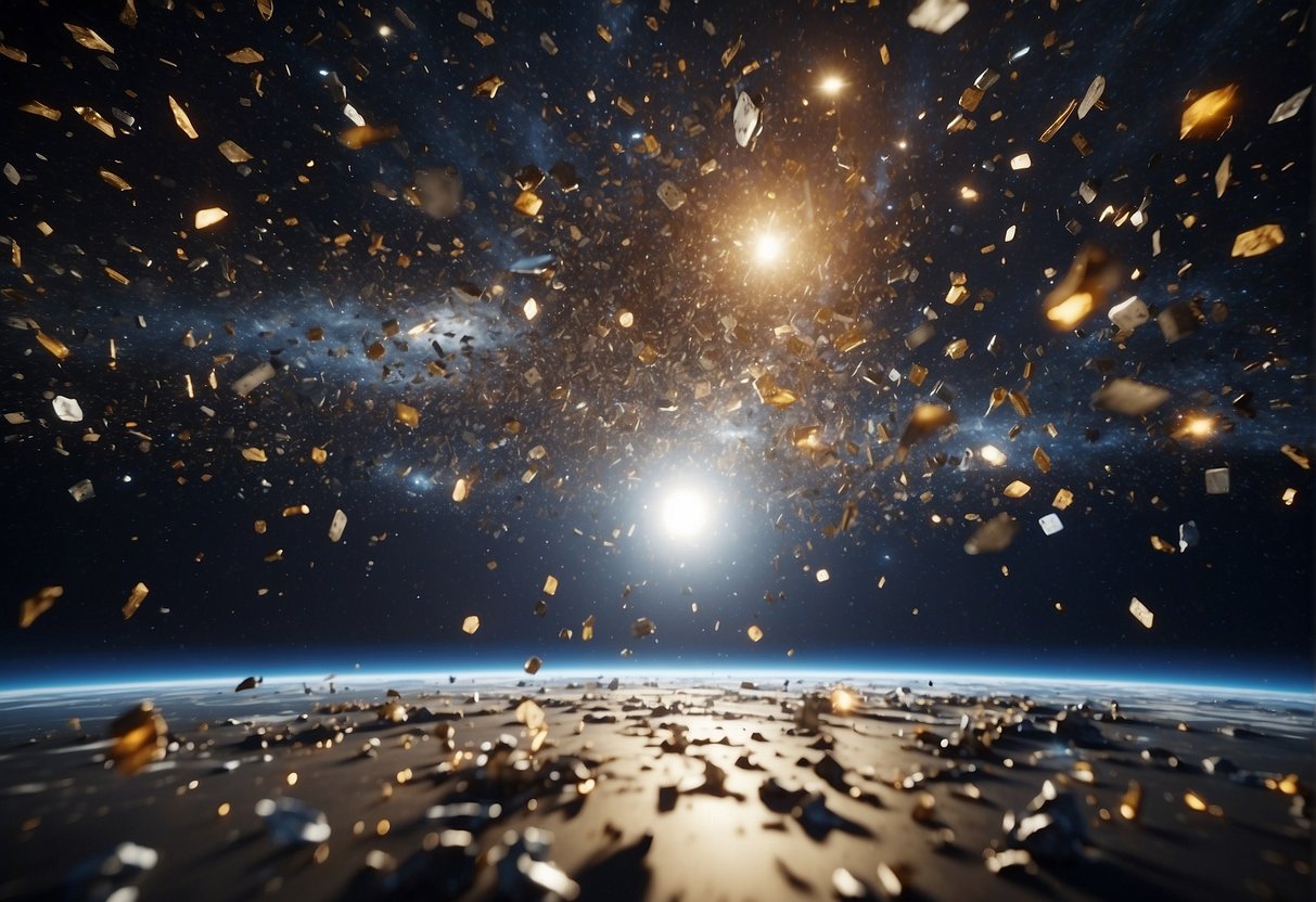 Space Junk: Addressing the Orbital Debris Challenge and Ensuring a Safer Space Environment A cluttered expanse of space, filled with discarded satellites, fragments of rockets, and other debris, orbiting the Earth in a chaotic dance