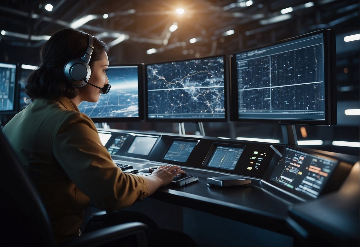 AI coordinates space traffic, monitoring and guiding spacecraft. It analyzes data, predicts collisions, and adjusts trajectories to ensure safe navigation