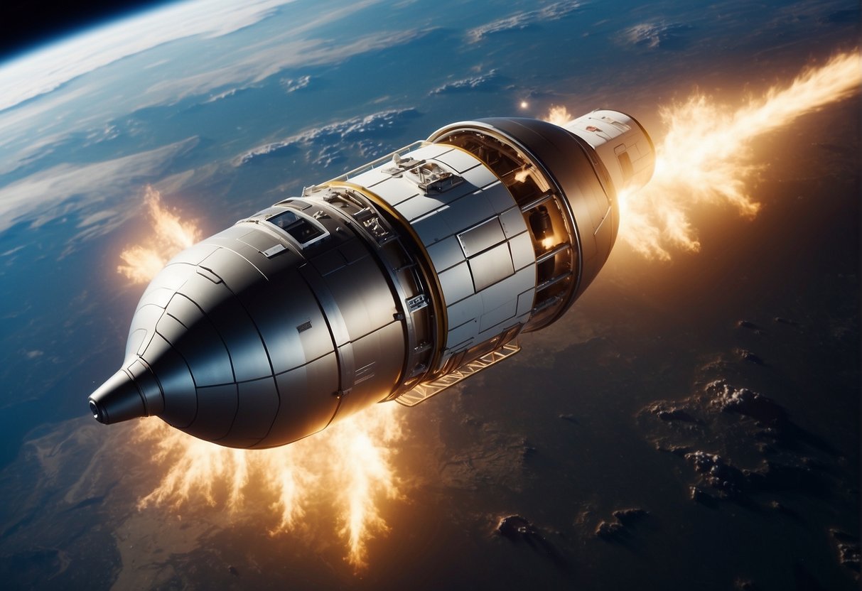 Breakthroughs in Space Medicine:  A space capsule floats above Earth, releasing a cloud of microscopic particles. A team of scientists on the ground eagerly collect and analyze the particles, excitedly discussing the potential benefits for earthly healthcare